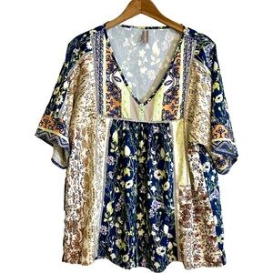Norecoora Peasant BOHO Floral V-Neck Pullover Short Sleeve Top Blouse XL